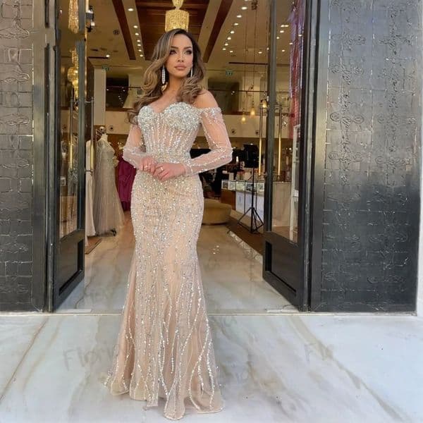 Elegant Champagne Mermaid Prom Pageant Dress Off The Shoulder Sleeves Beads Crystal Birthday Evening Party Gowns Robe Soiree Vestidos De Gala 1208
