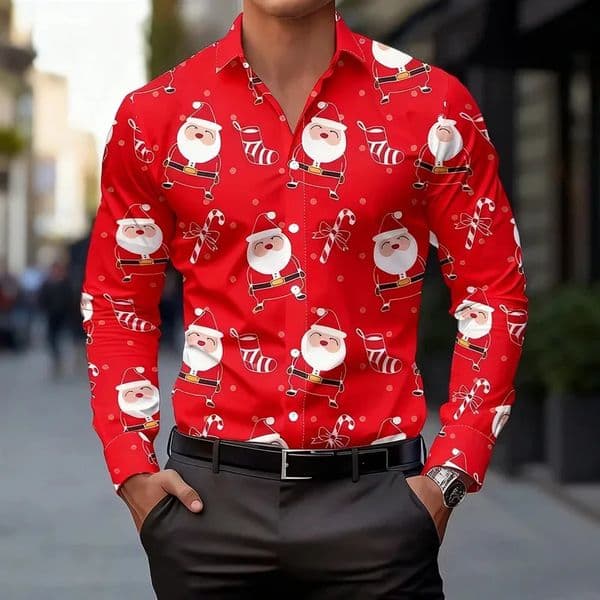 13-color mens Christmas print shirt with Santa Claus and candy cane breathable and casual long-sleeved lapel shirt 251205BJ