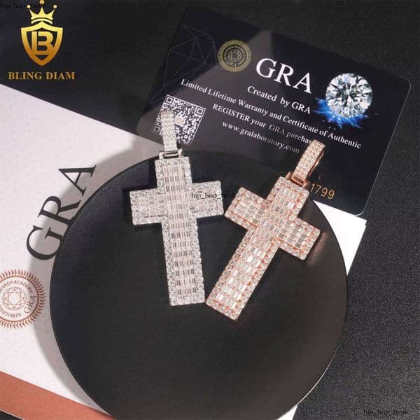 Hip Hop Jewelry 925 Sterling Silver High-Quality Iced Vvs1 Silicon Stone Large Cross Vertical Custom Pendant