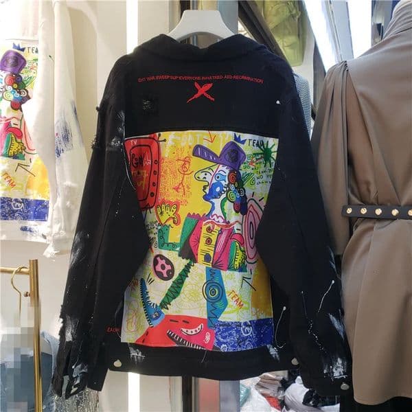 Women Fashion Hand Painted Graffiti Print Denim Jacket Coat Ladies Streetwear Trend Casual Hole Jean Jackets Outerwear 251201