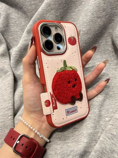 Ins Korean Cute Embroidery Tomato Leather Phone Case For iPhone 17 16 15 14 13 Pro Max 15 14 16 13 Pro Camera Protection Cover M251209