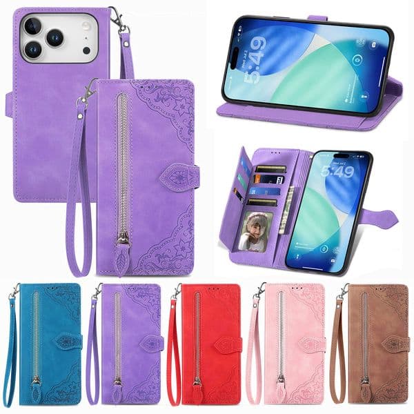 Zipper Cash Coin Pocket 7 Card Slots PU Leather Flip Wallet Cases For iPhone 17 Air 16 15 14 13 12 11 Pro Max XS 8 Plus Samsung S26 S25 Edge S24 FE S22 S23 A17 A07 A16 A36 A56