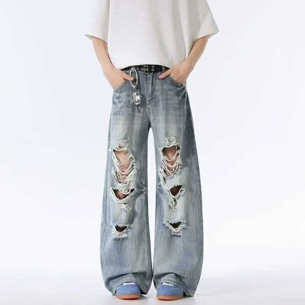 Mens Straight Leg Ripped Distressed Torn Holey Jeans American Style Loose High Waisted Autumn Men Wide Leg Vintage Baggy Jeans M251209