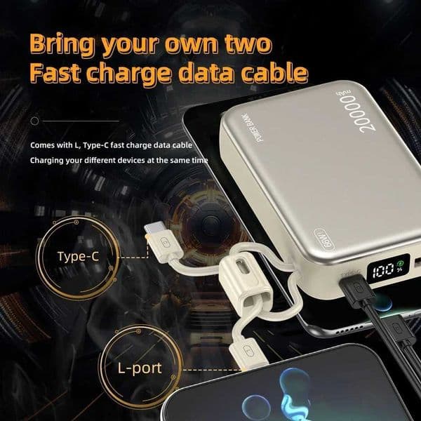 20000mAh Power Bank 66W Fast Charging Powerbank with Cable for IPhone Emergency External Battery Powerbank H251209