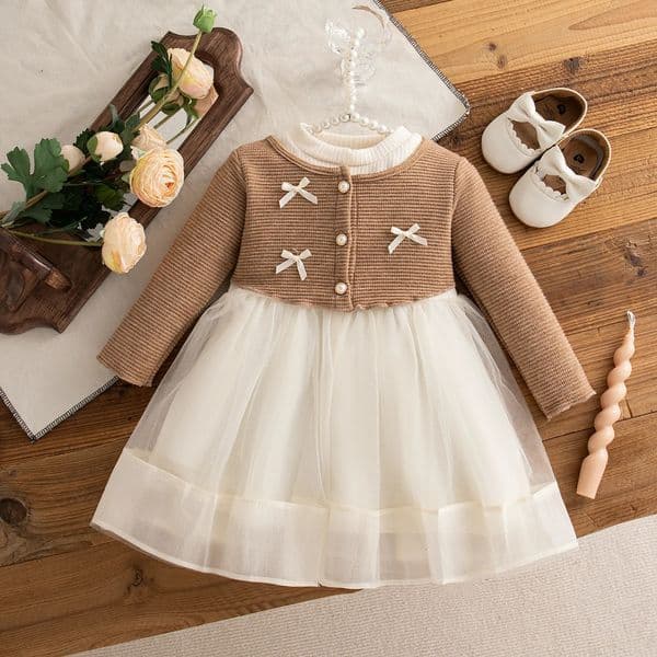 Autumn Toddler Baby Girl Pink Dress Bow Gentle Long Sleeved Yarn Dresses for Party 251018
