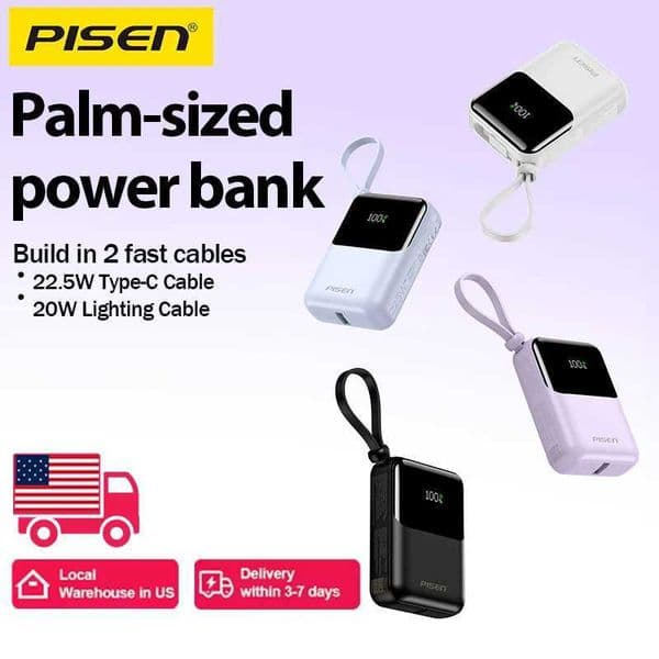 PISEN PD225W Fast Charging Mini Portable Power Bank 10000mAh Built-in Dual Cables Type-C Four-Dev Simtaneous Charging H251209