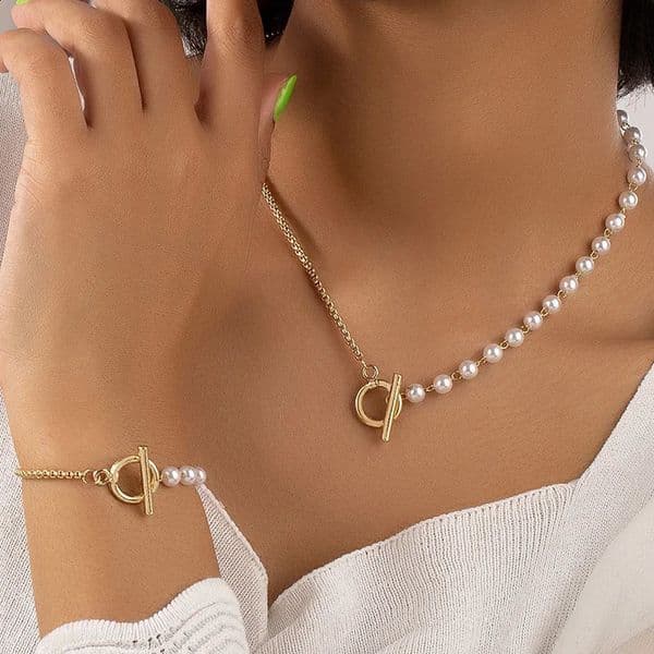 Baroque Style Pearl Necklace Bracelet 2 Pc Korean Elegant Fashion Party Accessories Holiday Exquisite Gifts 251202
