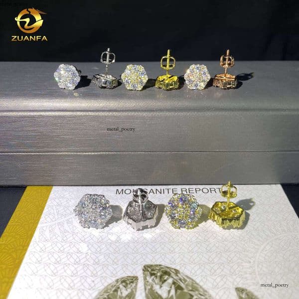 Pass VVS Moissanite Tester 10mm 13mm 925 silver Fashion Screw Back Iced Hip Hop Jewelry VVS Moissanite Earrings