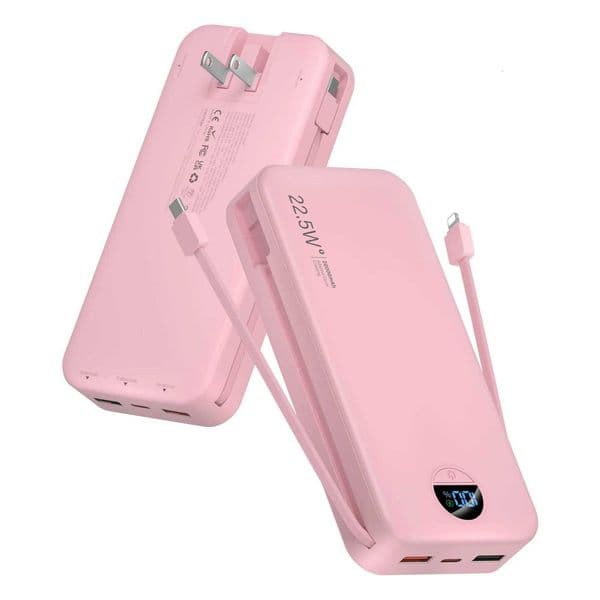 20000mAh Power Bank with Built-in AC Plug Dual Cables PD20W Fast Charging Type-C Port Portable Charger for Travel Camping H251209