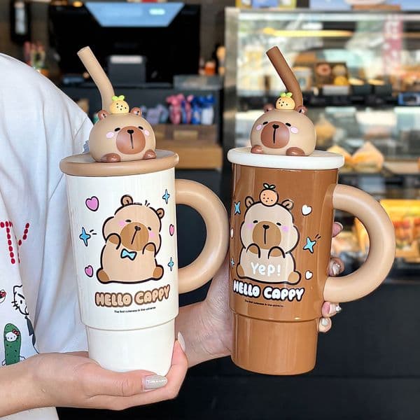 Tumblers Cute Cartoon Caoybara Outdoor Ice Cup Stainless Steel Insulated Water Bottle Vacuum Flask Tumbler with Handle and Straw