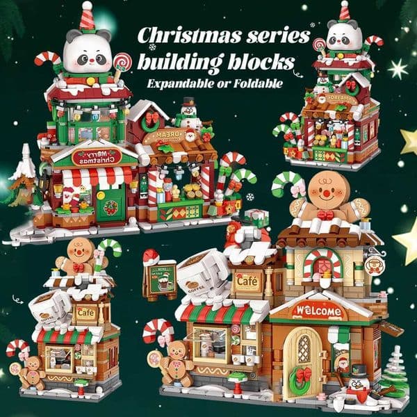 HUIQIBAO Christmas Tree Panda Snowman Shop Model Building Block DIY Gingerbread Cafe Bricks Ornament Toys Adult Santa Claus GiftT251210