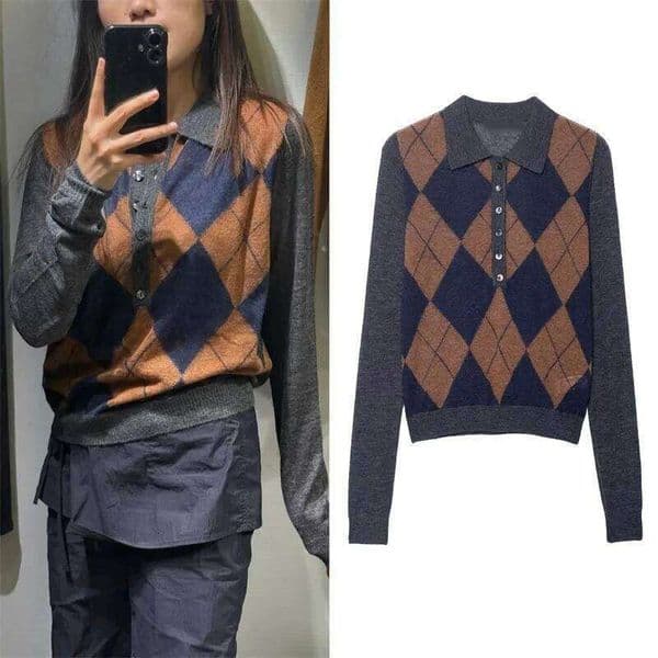 New Fashion Women's Top 2026 Autumn New Style Color-Block Argyle Long-Sleeve Polo Collar Knit Sweater Casual Fashion Versatile