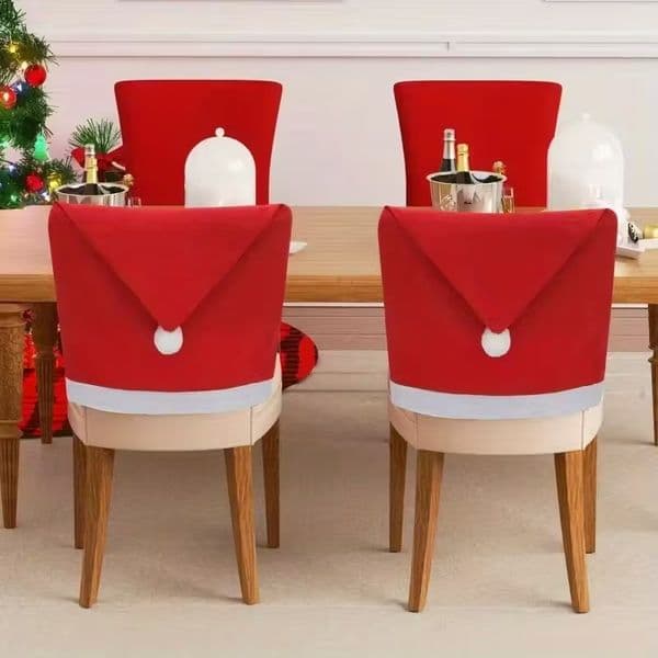 Christmas Chair and Tableware Set, 12 Pieces - Festive Red Santa Hat Design, Perfect for Holiday Dining and Party Decorations