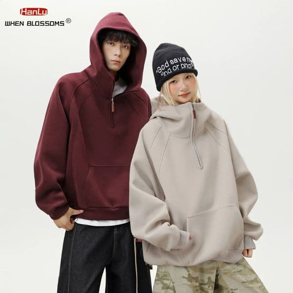 HANGLU Men Women Heavyweight Half Zip Hoodie Ribbed High Neck Minimalist Streetwear Couple Unisex Pullover Sweatshirt 251205