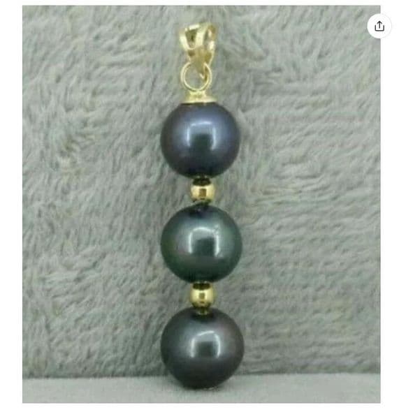 Black round AAA 9-10 mm natural Tahitian pearl pendant necklace 14k Gold