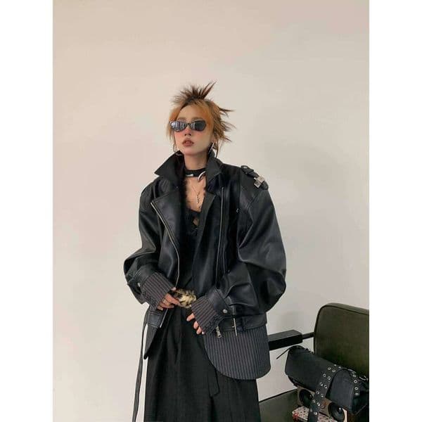 Spring Autumn New Hot Girl Heavy Craft Design Sense Niche Patchwork Oversized Motorcycle Leather Jacket For Women Luxury High Quality Luxury