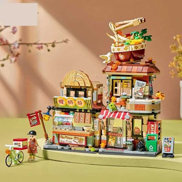City Street Hot Spring Bath Noodle Kimono Clothing Matcha Tea Shop Architecture Model Mini Blocks Bricks Building ToyT251210