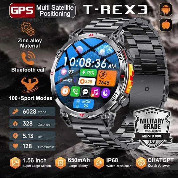 2025 Military Smart Watch T-Rex 3 GPS Compass Altimeter Clock Heart Rate 156 AMOLED CHATGPT Call Sports Fitness Smartwatch MenXJ251210