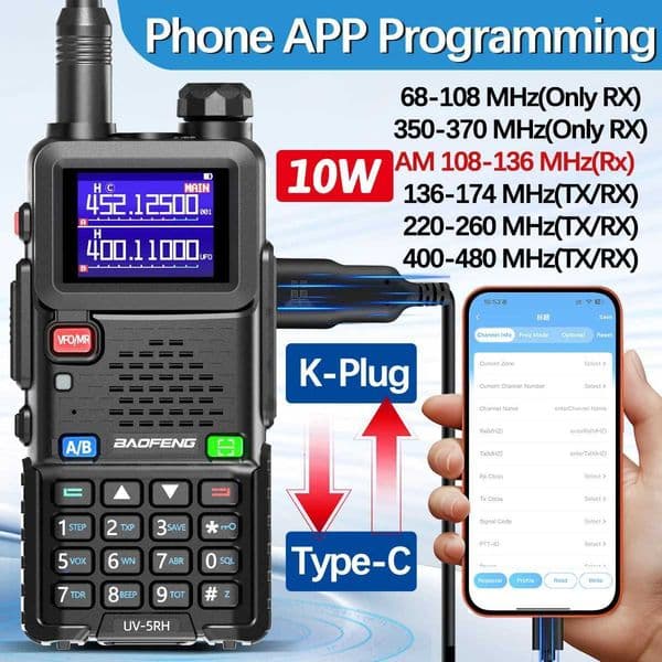 Baofeng UV-5RH 10W Air Band Walkie Talkie Phone APP Programming Wirless Copy Frequency Long Range Type-C Two Way Ham Radio M251210