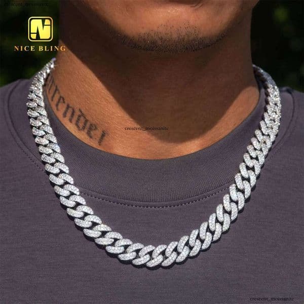 Iced Out Hip Hop Miami Chain Men's 12mm Round VVS Moissanite Cuban Necklace and Bracelet 925 Silver