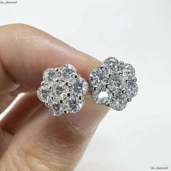 Moissanite for Men and Women 10.5mm 9mm Round Large VVS Moissanite Stud Flower Cluster 14k White Gold Plated 925 Sterling Silver Earrings