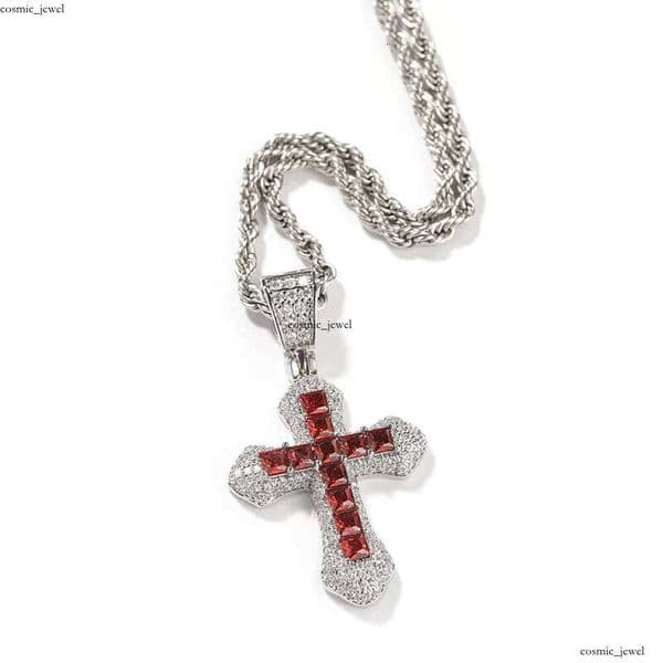 Uwin Hip-Hop Baguette CZ Square Stone IGI GRA Blue Red Multicolor Medium 18K 14K Cross Pendant Pearlescent Rapper Necklace Unisex Jewelry
