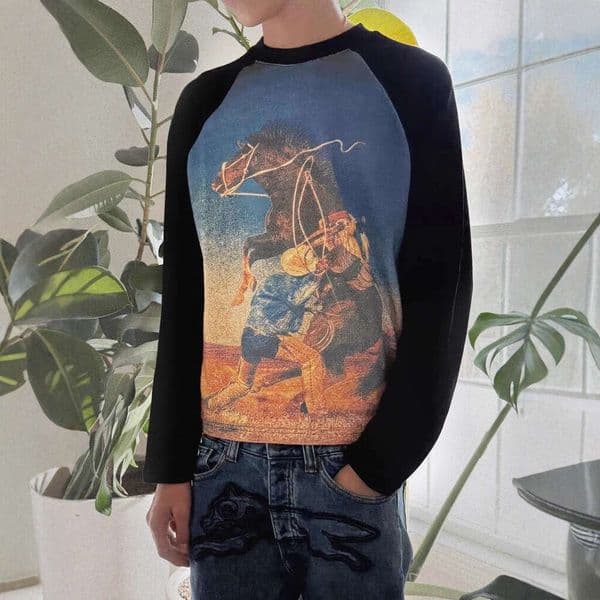 2025 Winter New Street Fashion Gothic Trendy Printed Crew Neck Pullover T-Shirt European and American Y2K Cross-Border Clothing