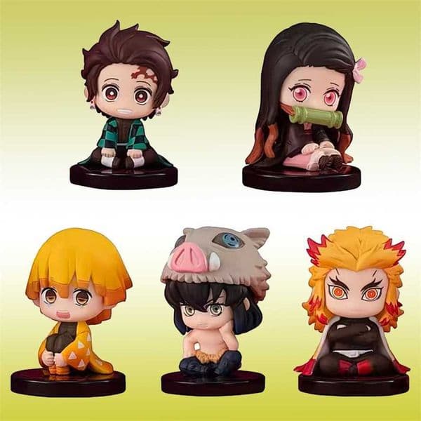 5Pcs/Set Demon Slayer Q Version Sitting Figure Toy Anime Kimetsu no Yaiba Tanjiro Nidouzi Inosuke Zenizu PVD Figurine Model Doll