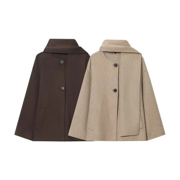 Winter Womens Clothing Casual Fashion Simple Loose Comfortable Versatile Round Neck Scarf Short Coat 251211