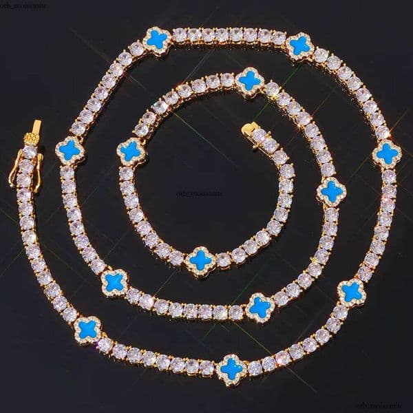 ESKEEM Four-Leaf Clover Tennis Necklace Platinum Plated Iced VVS Moissanite Oil Drop Design Boutique Hip-Hop Jewelry CH