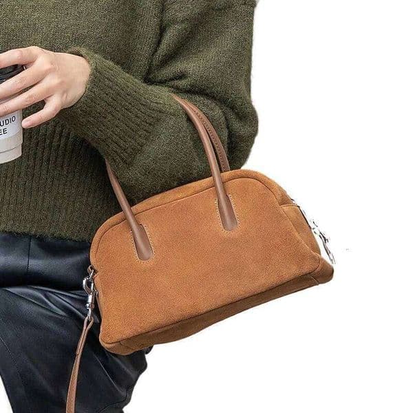 Hot Sale Trendy Coffee Maroon Color Women Bowling Tote Real Suede Cow Leather Female Crossbody Bag All-Match Handbag 251211