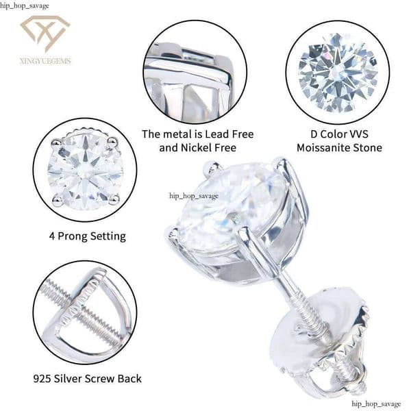 VVS Moissanite Fashionable Jewelry Round Brilliant Cut Silicon Stone 925 Sterling Silver 4-Prong Screw Earrings