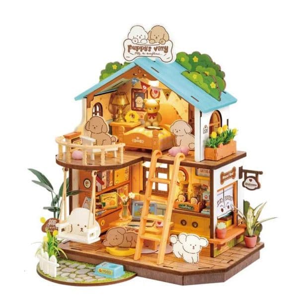 Robotime DIY Miniature House Kit with LED and Furniture Puppys Cozy Villa Wooden Model Building Kit for Children and Adults X251211
