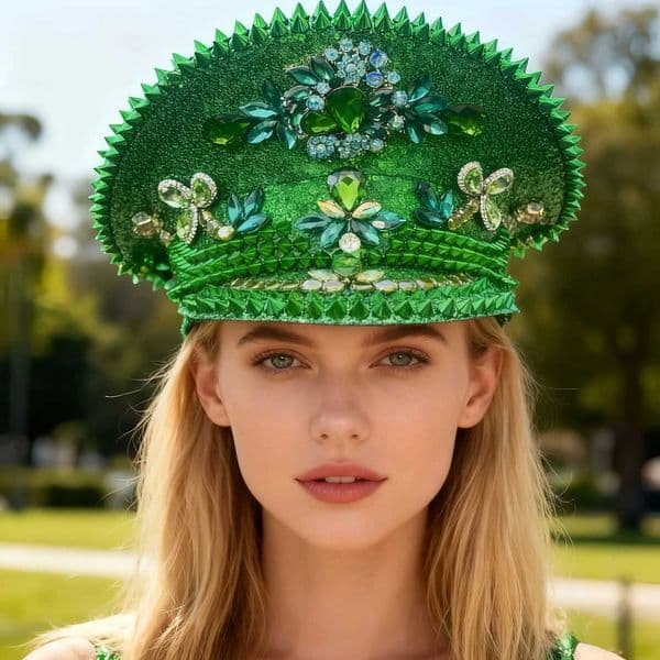 HongLuan Green Disco Steampunk Captain Hat Rhinestone for Burning Man Festival Woman Rave Festivals Accessories Party Caps Man X251212