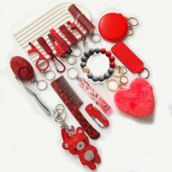 15Pcs/Set Rhinestone Self Defense Women Keychains Personal Safety Multifunction Protection Keychains With Alarm Mirror Pompoms 251210