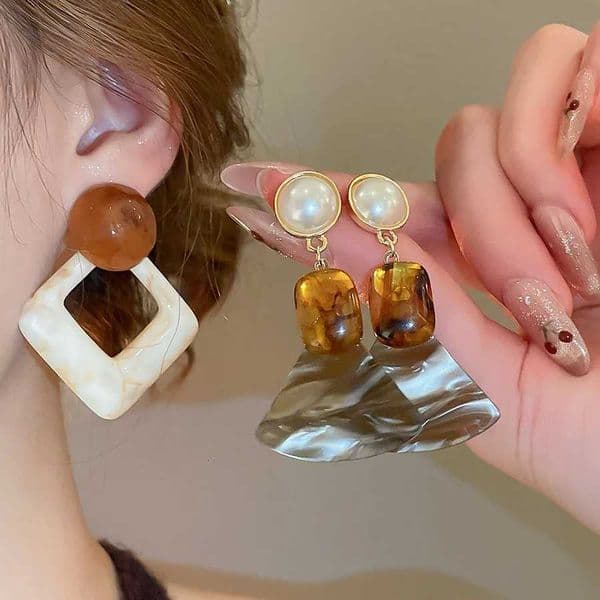 Retro Coffee Fan-Shaped Smudging Resin Pendant Earrings for Wen Luxury Imitation Pearl Drop Earring Square Acrylic Jewelry K1 X251212