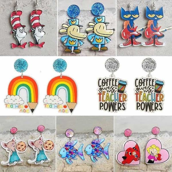Class Grade Daisy Tea Earrings Guitar Cat Devil Fish Tea Holding Umbrella Pencil Book Student Earring Gift X251212