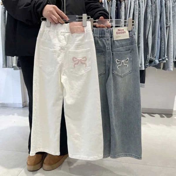 Autumn Junior Girls Straight Pant Bow Printed Pocket Children Girls Denim Pant Loose Elastic Waist Kids Baby Girls Wide Leg PantT251212