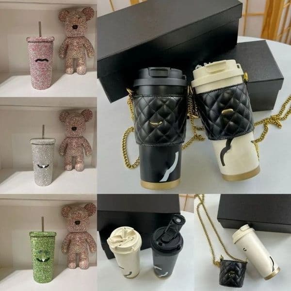 Water Bottle Full Diamond Insulated Water Bottle with Straws Classic Logo Printed Cold Drink Handy Cup Coffee Mug Student School Car Cup tumbler Gift Box