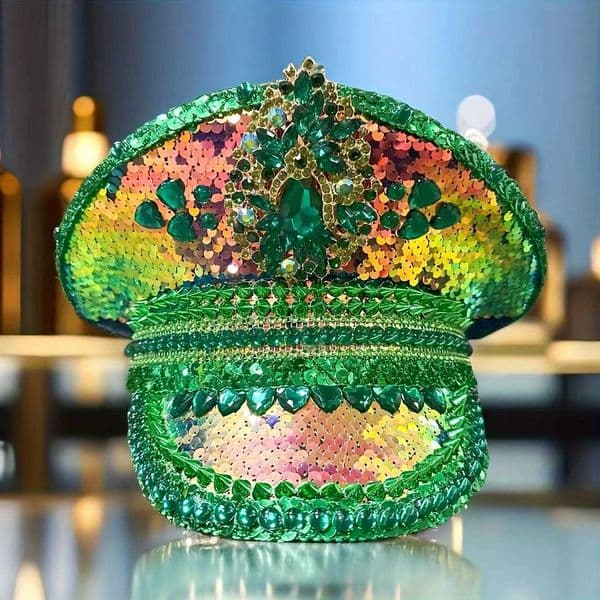 Green Rhinestone Wedding Festival Captain Hat Masquerade Military Cap Handmade Luxury Mucis Festiva lHen Do Hat Sergeant Hat X251212