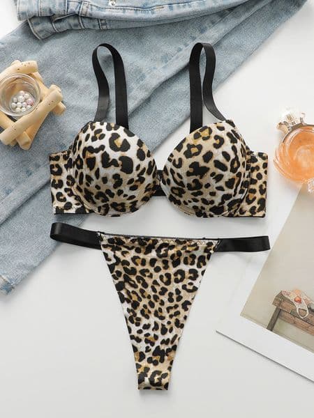 Sexy leopard print 2piece set with gathered lifting and thickened steel support bra for womens underwear B2051 251201BANJIA