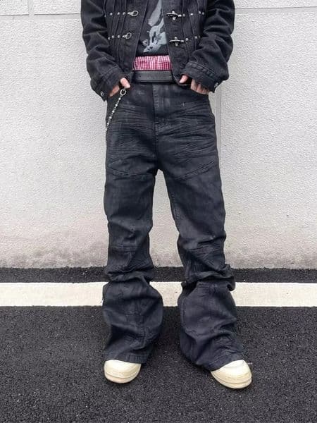 American Retro Y2K Streetwear Black Baggy Pleated Flared Jeans Pants For Men Clothing Gothic Rock Cotton Long Trousers 251211