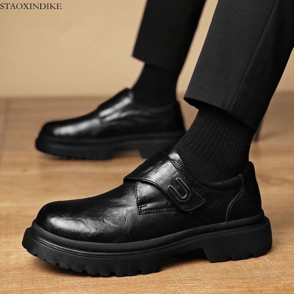 STAOXINDIKE Men's Leather Shoes Spring British Style Men's Shoes Thick Sole Business Casual Leather Shoes Commuting Versatile Simple Casual Men's Shoes