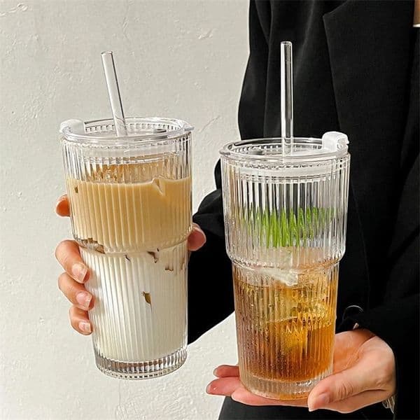 600ML Stripe Glass Coffee Cup with Lid and Straw Transparent Drinking Glasses for Juice Milk Tea Cups Iced Coffee Mugs Drinkware 251204CJ