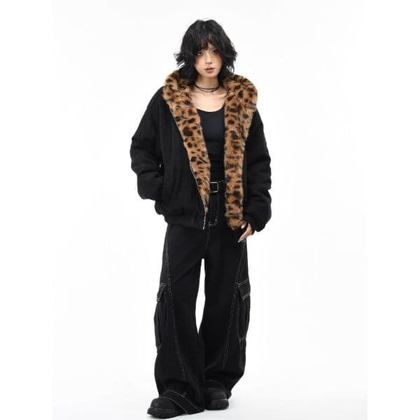 Leopard Print Patchwork Hooded Jacket Thickened Warm Cotton Jacket