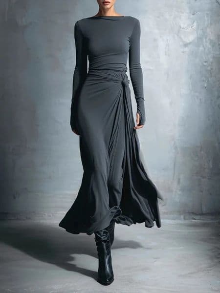 Elegant Long Sleeve Ruched Sexy Maxi Dres Gown Autumn Fashion Draped Bodycon Irregular Dresses Female Clothing 251201BANJIA