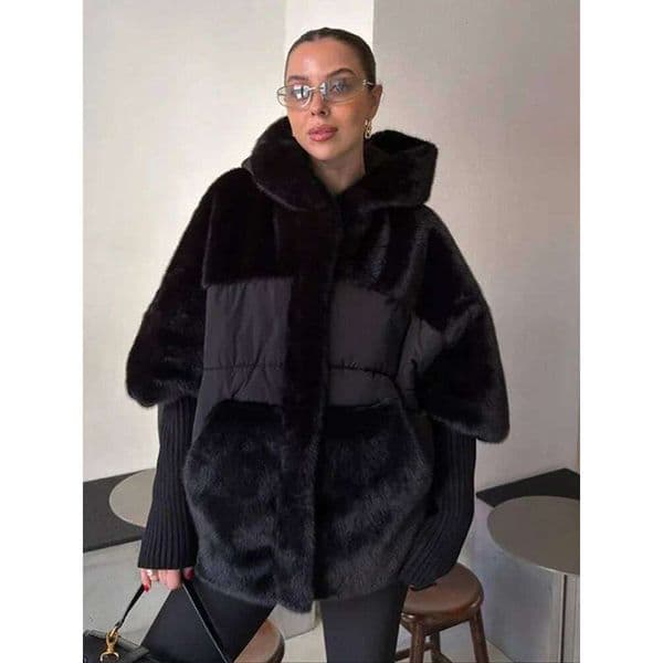 Fur Paneled Hooded Zip Puffer Jacket Ribbed Cuff Solid Oversize Winter Fashion Edgy Women Outerwear Preppy Warm Lady Coat