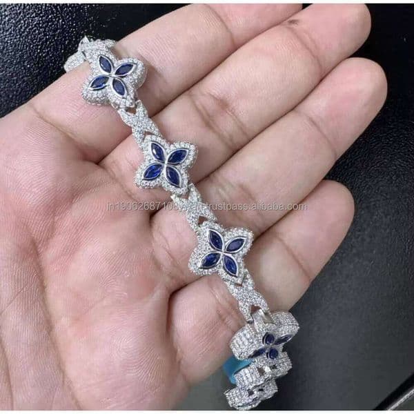 Luxurious Iced Clover Bracelet, Blue Sapphire VVS Moissanite Diamond 925 Sterling Silver Unisex Chain Bracelet