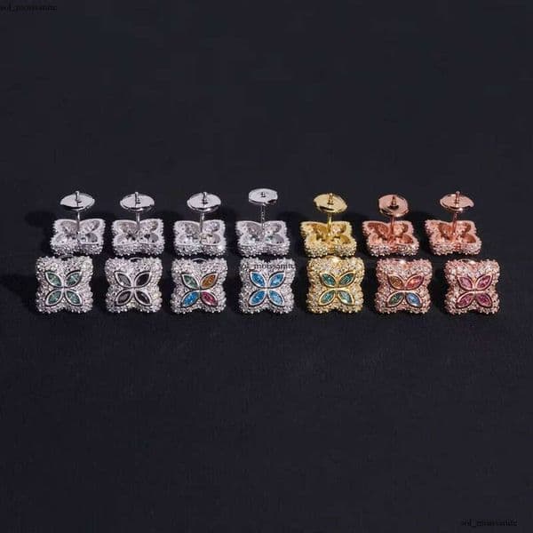 Custom IGI 925 Sterling Silver Colorful Iced VVS Moissanite Four-Leaf Clover Hip-Hop Earrings Pass Diamond Test Unisex