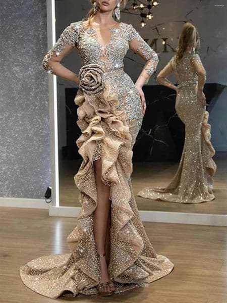 Casual Dresses Autumn Winter 2025 Women's Elegant Sexy Draped Three-Dimensional Floral Long Sleeve Crew Neck Evening